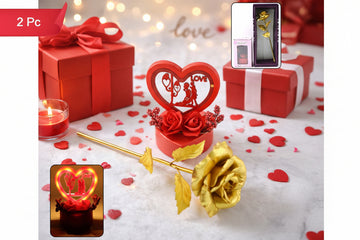 Heart Love Decorative Showpiece With Golden Rose Flower Gift Set (2 Pc)