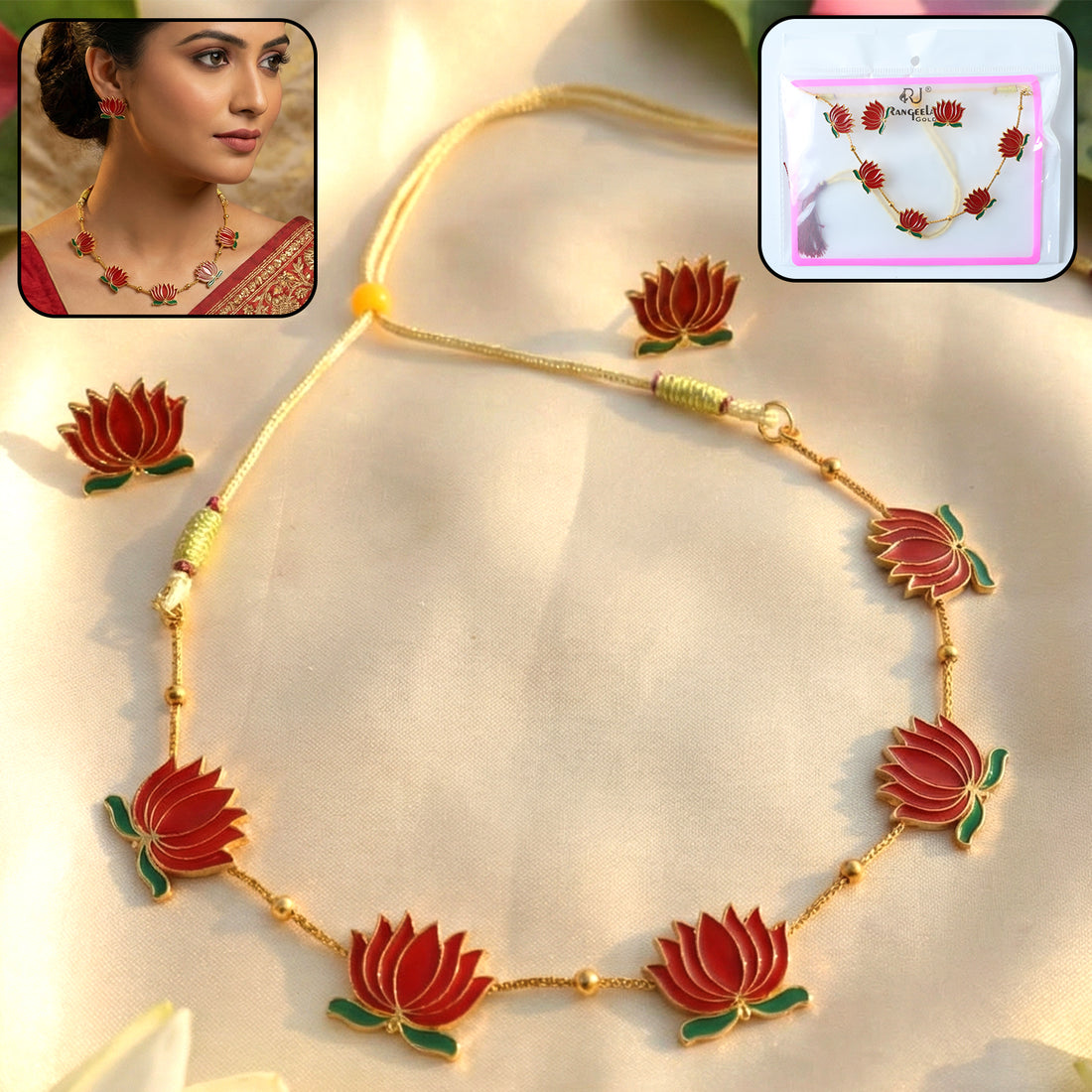 Traditional Red Lotus Design Necklace With Stud Earrings Set( 1 Set)