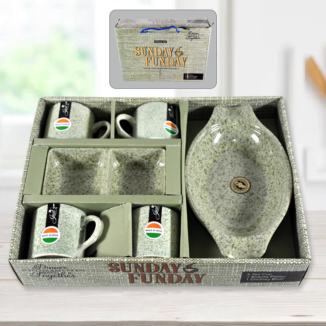 8240 Sunday Funday Ceramic Tea  Cups  Mug With Plastic Snacks Platter And 2 Compartment Chutney Bowl Milk Cup Coffee Cup Breakfast Cup Drinking Mug Or Outdoor For Household Gift For Birthday Wedding Party (6 Pcs Set)