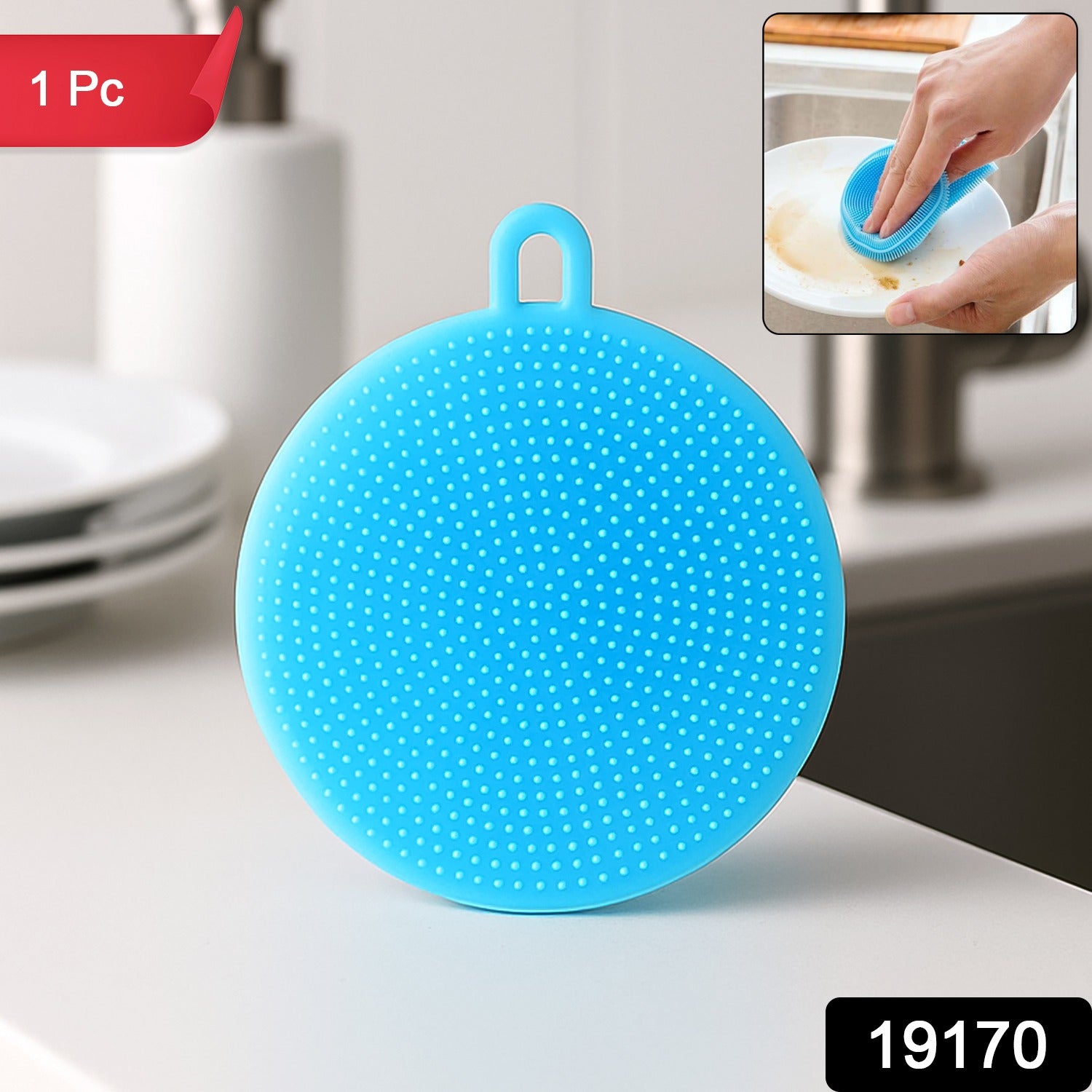 Sky Blue Silicone Dish Scrubber Sponge Mildew Free Non Stick Heat Resistant