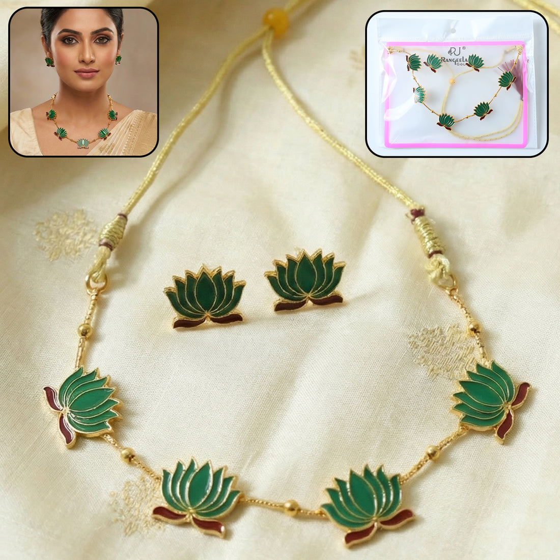 Traditional Green Lotus Design Necklace With Stud Earrings Set(1 Set)