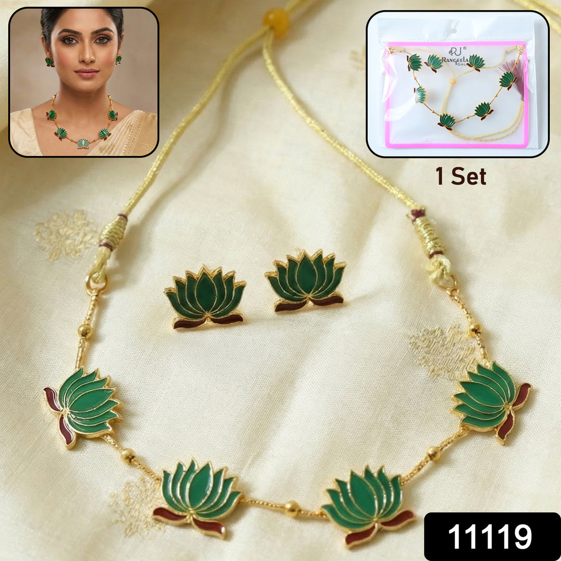 Traditional Green Lotus Design Necklace With Stud Earrings Set(1 Set)