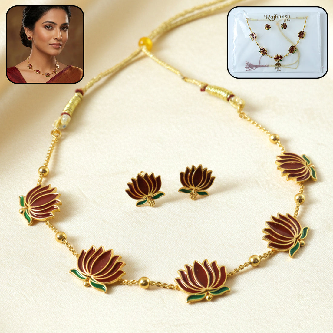 Traditional Lotus Design Necklace With Stud Earrings Set (1 Set)