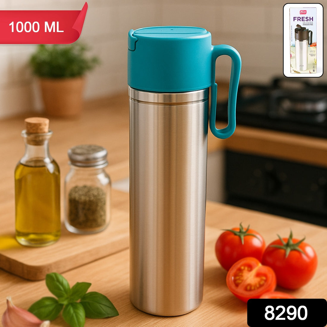 Stainless Steel Fresh Oil Pourer Bottle With Flip Lid And Handle Approx 1000ml (1 Pc)