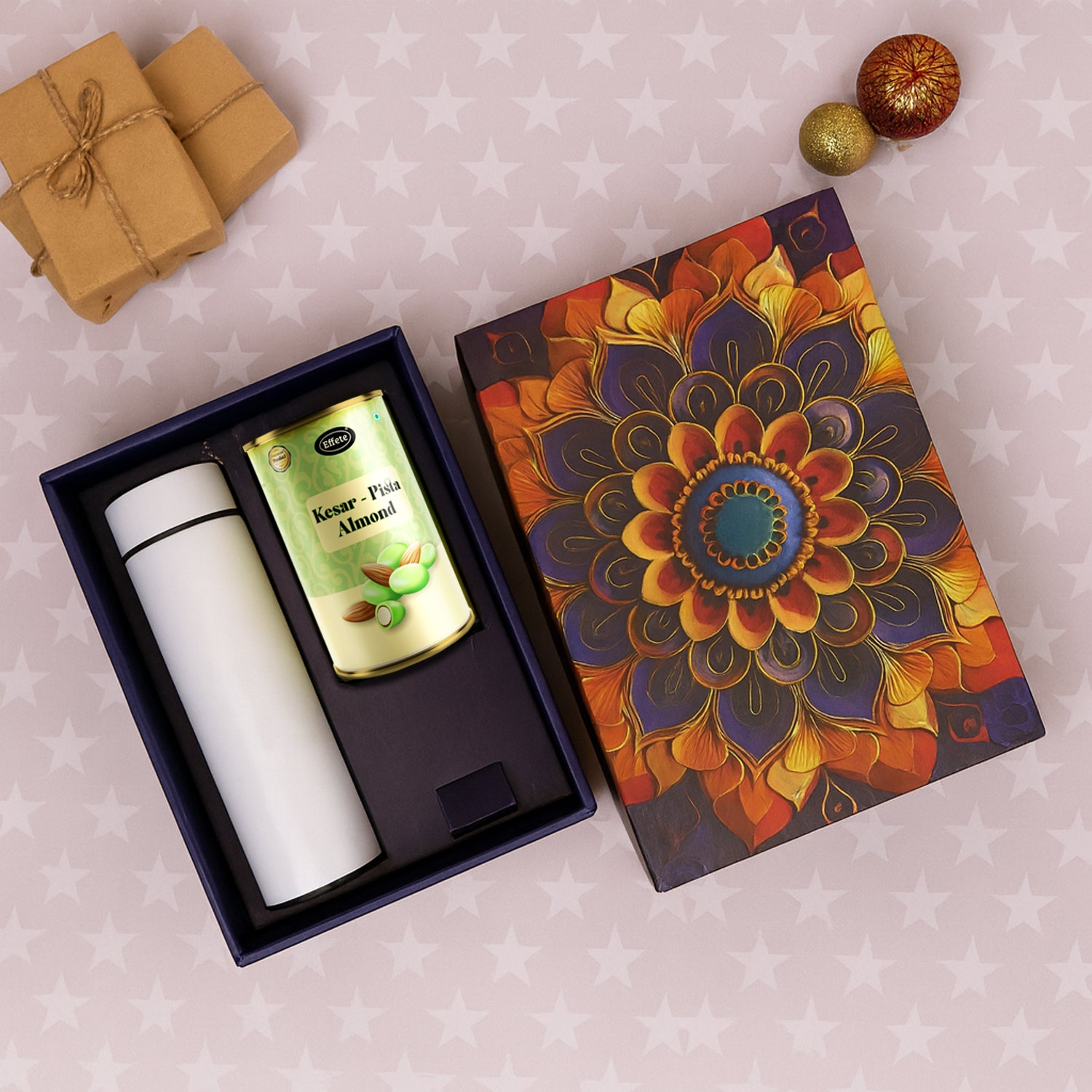 Effete Kesar Pista Almonds Gift Hamper Golden With Bottle (2 Pc Set)