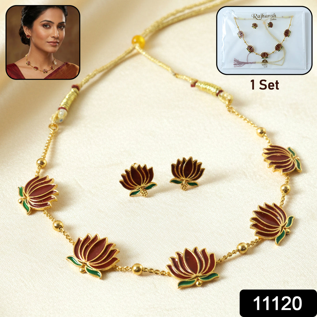 Traditional Lotus Design Necklace With Stud Earrings Set (1 Set)