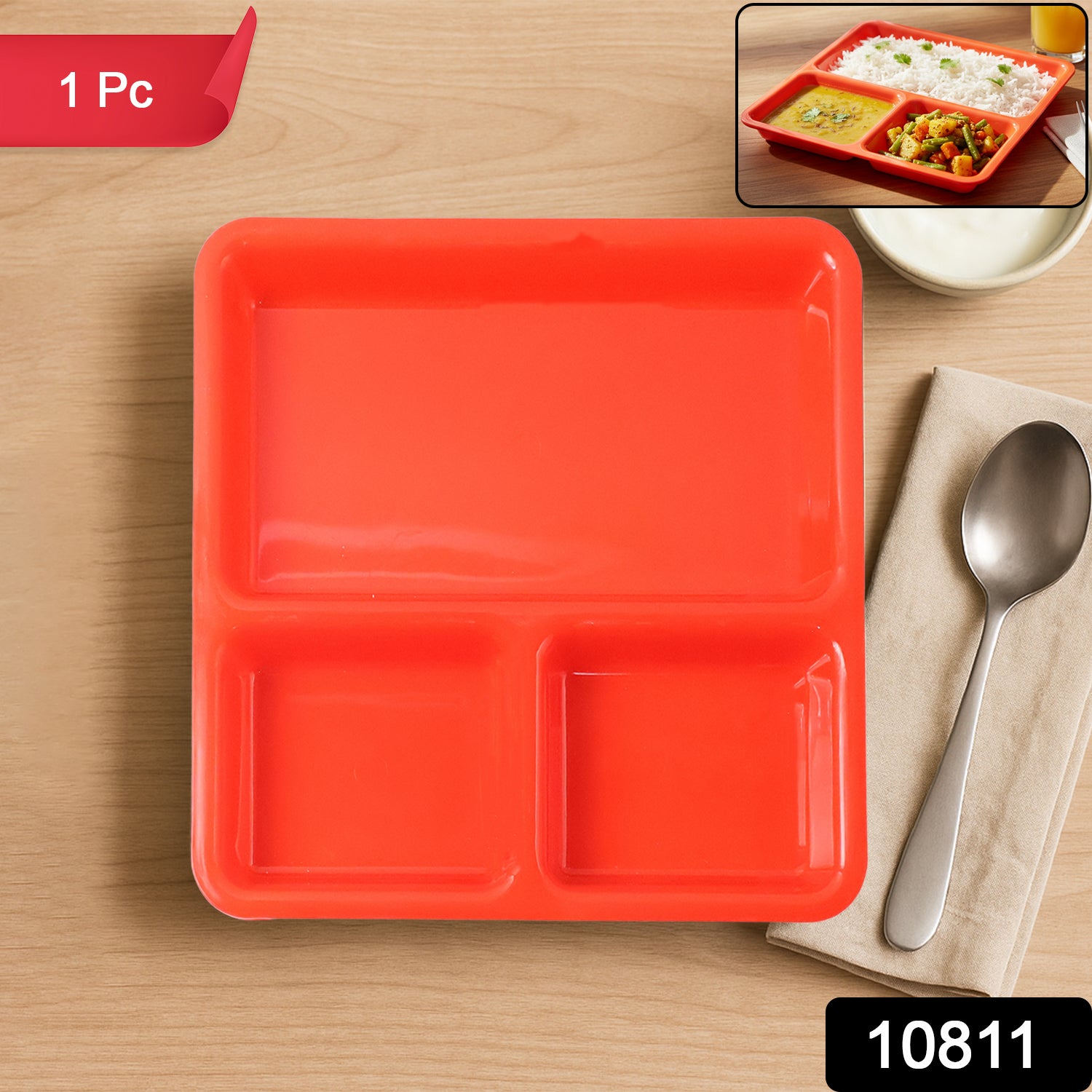 Plastic 3-compartment Rectangular Meal Serving Tray  Plates (1 Pc)