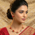 Traditional Red Lotus Design Necklace With Stud Earrings Set( 1 Set)