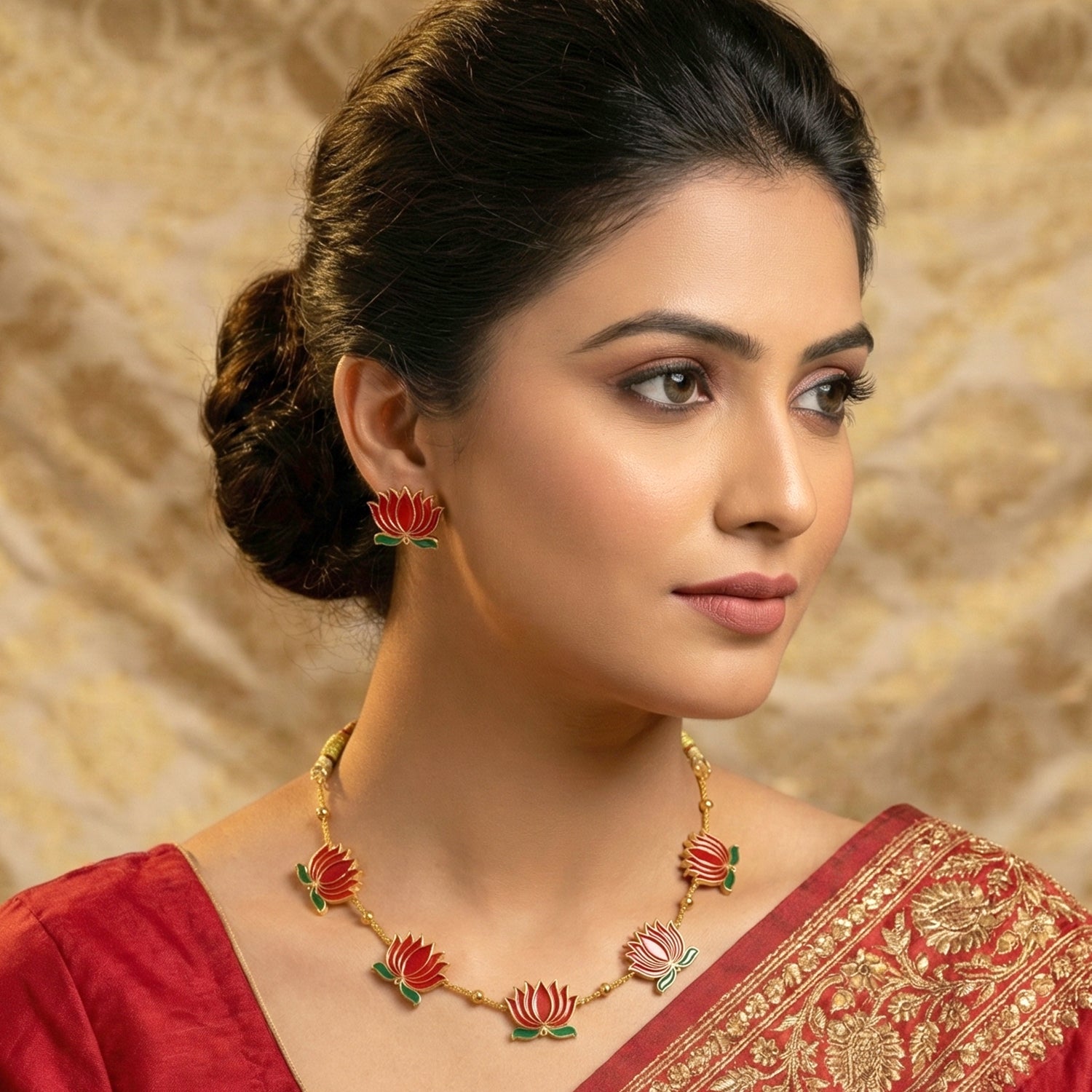 Traditional Red Lotus Design Necklace With Stud Earrings Set( 1 Set)