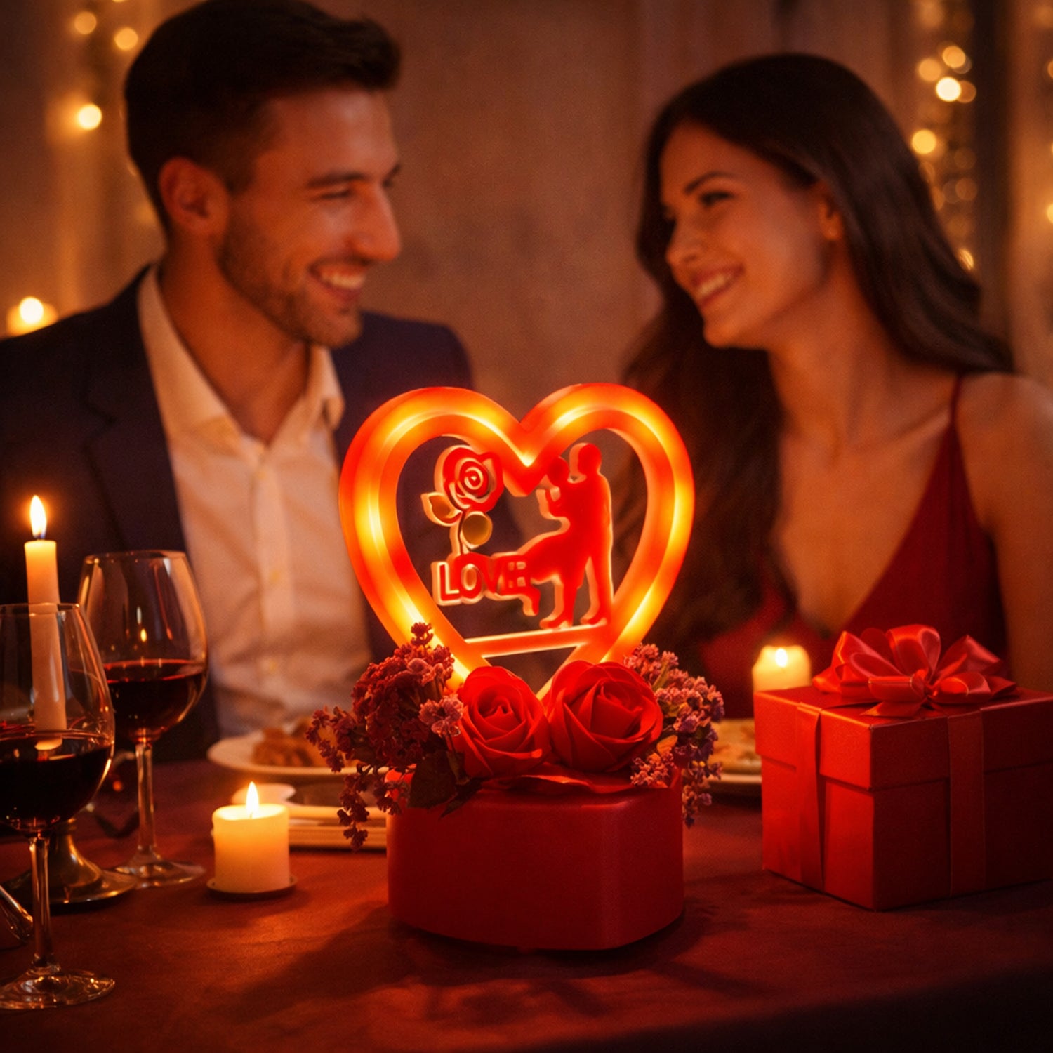 Heart Love Decorative Showpiece With Golden Rose Flower Gift Set (2 Pc)