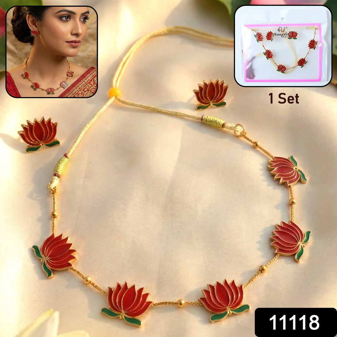 Traditional Red Lotus Design Necklace With Stud Earrings Set( 1 Set)